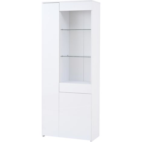 Vetrina alta bianca 70 x 35 x 180 cm con cassetto, LED e ante in vetro temperato (1/5)