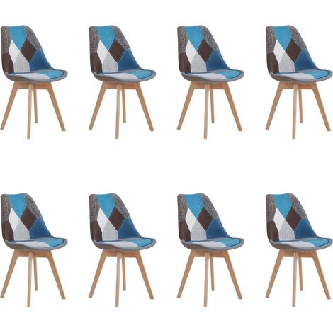 8er Set Esszimmerstühle Patchwork Blau mit Massivholzbeinen und abnehmbarem Kissen (1/5)