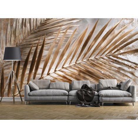 Fototapete Blätter Beton Gold, für Wohnzimmer und Schlafzimmer, 150 x 105 cm – Komplettset inkl. Kleister & Anleitung (1/5)