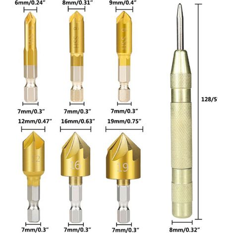Ensemble de 23 pièces pour le travail du bois : forets, outil à chanfreiner, foret à chevilles à griffes, foret à chevilles cylindriques, poinçon jaune. (1/5)