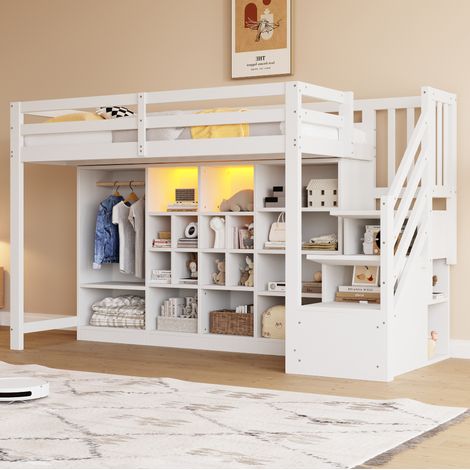 lit rangement chambre adulte 90x200 bois blanc avec LED OKMYHOME (1/5)
