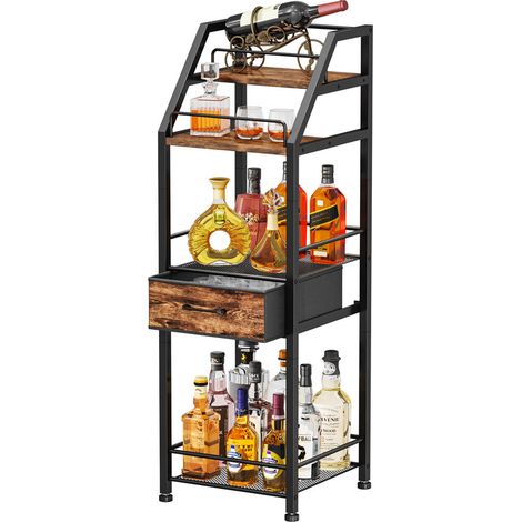Wine Racks Free Standing- 4-Tier Stepped Drinks Cabinet Home Bar with Fabric Drawer, Wine Cabinet Wine & Glass Organizer, Bar Cabinets for Living Room