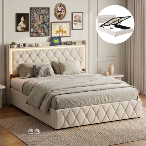 BLANKETSWARM - lit coffre 140 x 190 cm avec 1 tiroir – lit double adulte 140 x 190 avec ports USB et éclairage LED – Sommier à lattes en bois – Velours, Gris (1/5)