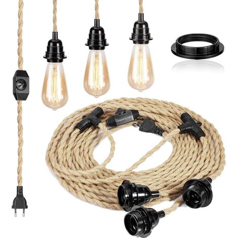 Câble électrique en lin 6,8m – 2 conducteurs avec douille E27 et interrupteur à intensité variable – Compatible ampoules LED (1/5)
