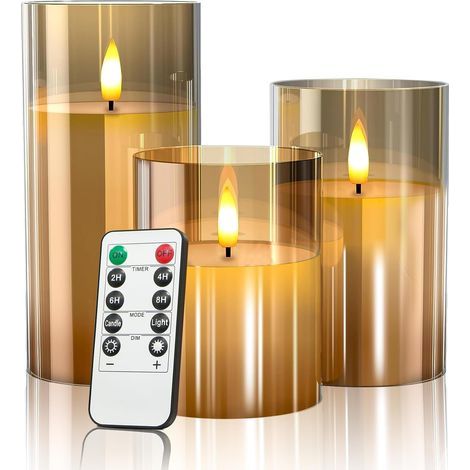 Flammenlose LED-Kerzen mit Flackereffekt, Timer und Fernbedienung, warmweiße LED-Kerzen aus goldfarbenem Glas, Geschenkset mit 3 Stumpenkerzen (10, 12,5 und 15 cm) für Partydekorationen. (1/5)