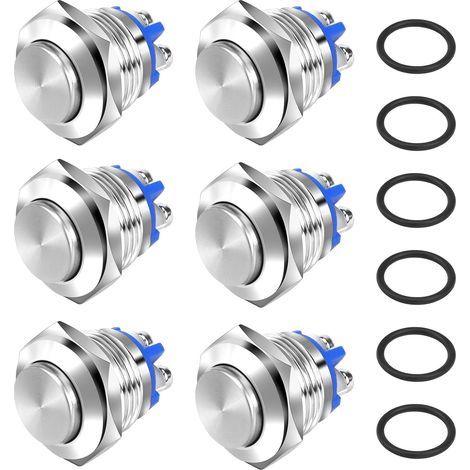 6 PCS Bouton Poussoir Momentané 2A 12V 24V 36V Etanche, Boutons Poussoirs de Ronde, Interrupteur Poussoir 16mm en Métal pour Voiture Camion Sonnette (Haute Tête, Argent) (1/5)