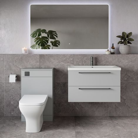 Napoli 390 Gloss Grey Pearl 1300mm Wall Mounted 2 Drawer Vanity Unit and Toilet Suite with Glide Basin - 1300mm - Gunmetal Grey 480mm HandleWith Kingston Toilet Pan and Seat