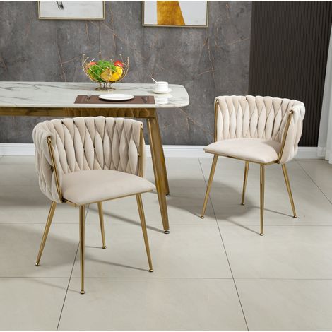 Set di 2 sedie da pranzo 55.5x41x74 cm avorio in velluto con gambe in metallo dorato e schienale intrecciato (1/5)