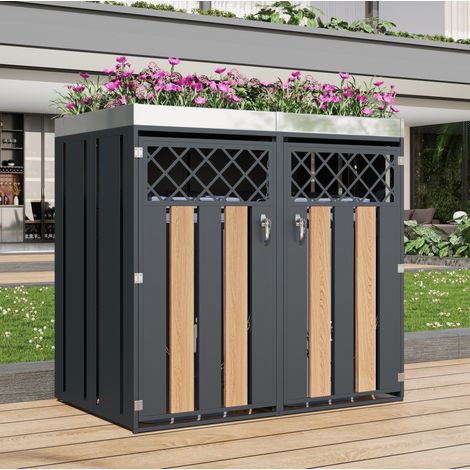 Mueble para cubos de basura gris y madera en acero galvanizado con jardinera y doble puerta (1/5)