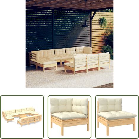 vidaXL Terrassenmöbel -  11-tlg. Garten-Lounge-Set mit Creme Kissen Kiefernholz (1/5)