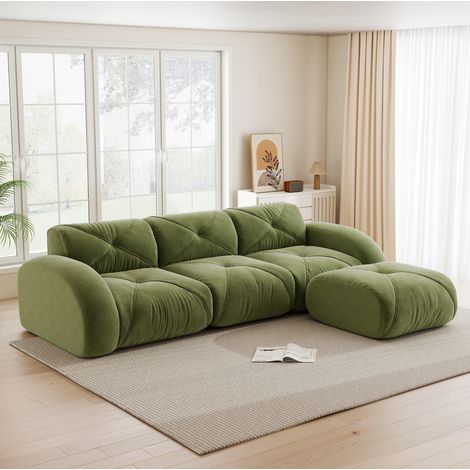 Canapé modulaire 3 places vert en chenille avec ottomane, sans montage (1/5)