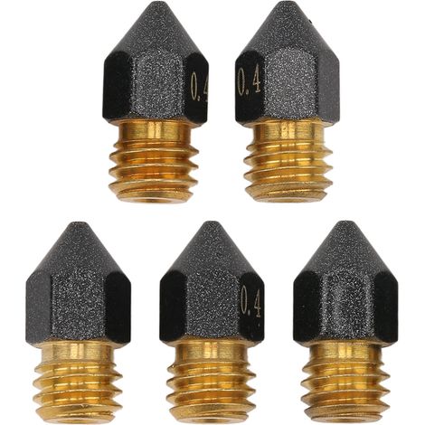 Lot de 5 buses d'extrusion pour imprimante 3D (0,4 mm) en laiton avec revêtement PTFE, compatibles avec filament de 1,75 mm (MK8). (1/5)