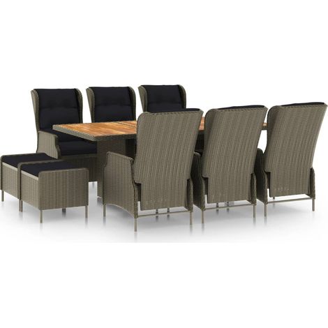9-tlg. Garten-Essgruppe mit Auflagen Poly Rattan Braun
