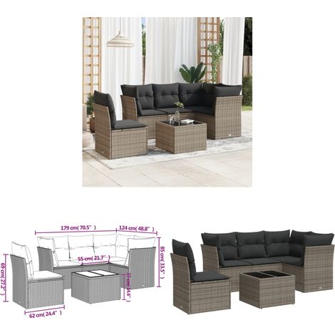 6-tlg. Garten-Sofagarnitur mit Kissen Grau Poly Rattan - Gartenmöbel Set - PE-Rattan Möbel - Outdoor Sofa - Esstisch - Lounge Garnitur - Home & Living (1/3)