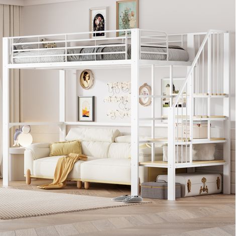 Cama alta 90x200 cm de metal y madera blanca con escalera y espacio de almacenaje