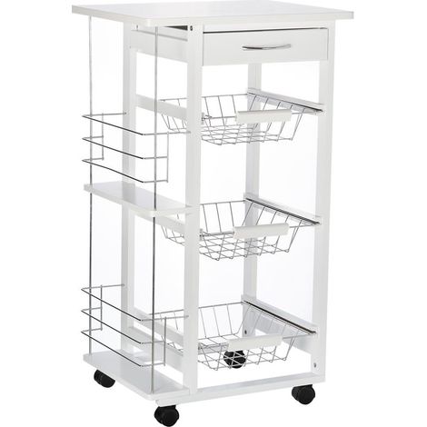 CARRELLO DA CUCINA SALVASPAZIO IN LEGNO CON 4 RUOTE 3 CESTI ESTRAIBILI BIANCO (1/5)