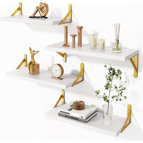 Set 4 Mensole da Parete in Legno Bianco e Staffe Oro Scaffalatura Scaffale Muro (1/5)