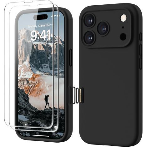 Custodia 3 in 1 per iPhone 17 Pro, realizzata in silicone liquido di alta qualità con doppia protezione HD dello schermo, nera (1/5)