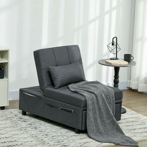 Fauteuil pliant 3 en 1 avec poche latérale, lit d'appoint avec oreiller, dossier réglable, fauteuil de lit à roulettes, gris (1/5)