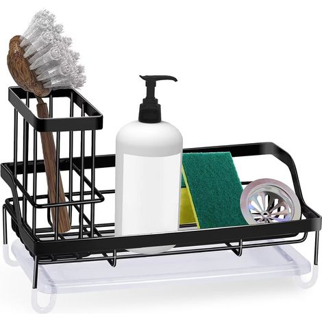 Rangement pour évier de cuisine avec porte-éponge et porte-brosse à cheveux, en acier inoxydable noir - Étagère et rangement de douche RWE