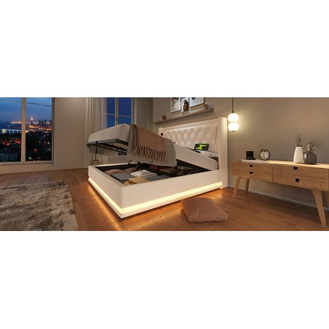 Cama 140x200 cm PU blanco con almacenaje y LED, USB-C, para orden, sin colchón – MEUBLIV (1/5)
