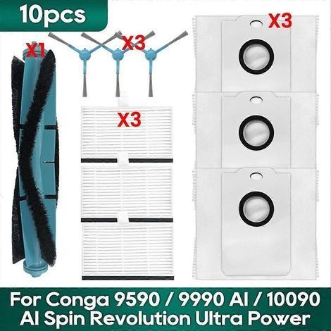 Kit Accessoires Aspirateur Cecotec Conga : 1 Brosse Rotative, 3 Brosses Latérales, 3 Filtres HEPA, 3 Sacs à Poussière - Compatible avec 9590 9990 AI 10090 AI Spin Revolution Ultra Power Home (1/5)