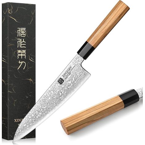 21.5 cm Steel Damascus Chef's Knife, Japanese Style Kitchen Knife Damask Knife for Cutting Meat and Vegetables – Olive Wood Handle and Black Buffalo Horn (1/5)