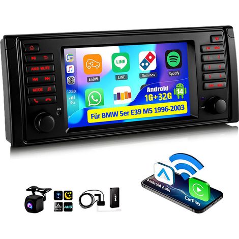 Autoradio 7" Android 14 avec Apple CarPlay, 4+64 Go de RAM, navigation GPS RDS, Wi-Fi et Bluetooth pour BMW Série 5 E39 M5 - 1+32G DAB+ CAM (1/5)