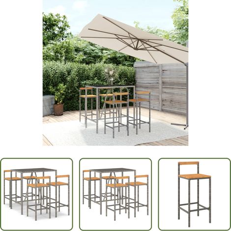 vidaXL Barstuhl - 5-tlg. Gartenbar-Set Grau Poly Rattan & Massivholz Akazie (1/5)