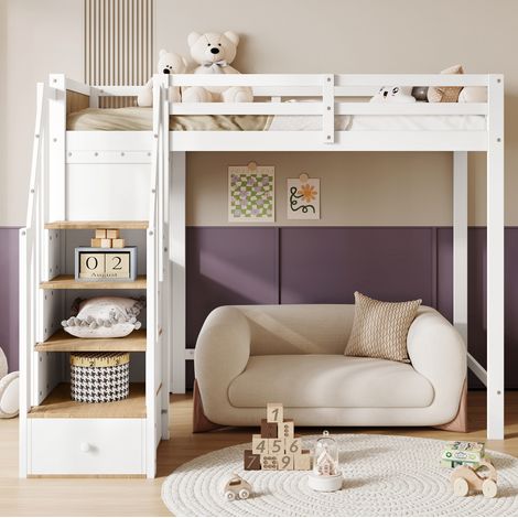 Letto a soppalco 90x200 cm bianco e naturale in pino e MDF con scrivania e contenitori (1/5)
