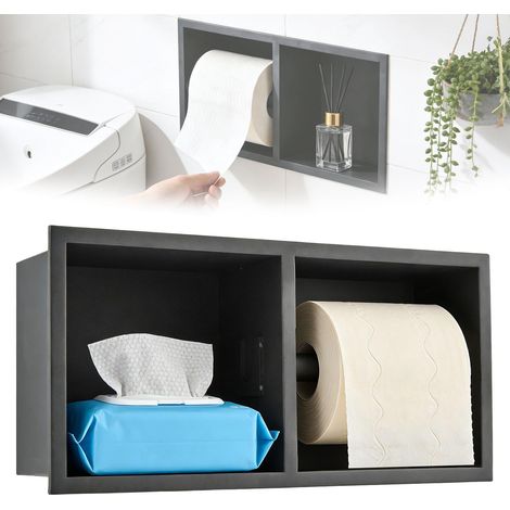 Porte-Papier Toilette Encastrable, Acier Inoxydable 304 WC Porte-Papier Toilette Support pour Rouleau épais Meuble Salle Bain Niche Murale 31 × 15 × 10 Cm avec Bord Roulé 1 Cm Noir (1/5)