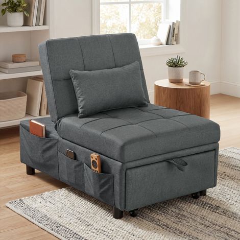 Sillón convertible en sofá cama con respaldo ajustable, asiento acolchado y almohada, color gris.