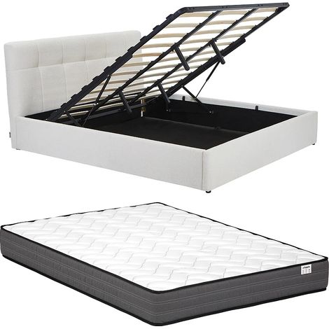 Lit coffre 180 x 200 cm - Tissu bouclette - Blanc + Matelas - MAZIRI (1/5)