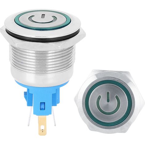 2 Stück DC 3–6 V 22 mm 6-polige Drucktaster aus Edelstahl mit Reset-Taste und grünem Schild (1/5)