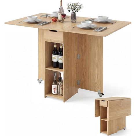 COSTWAY Tavolo da Pranzo con 2 Ruote, Tavolo da Cucina Pieghevole con 2 Ripiani, Cassetto, Portata 70 kg, Table Consolle Versatile per Sala da Pranzo, 120 x 72 x 75 cm (Naturale) (1/5)