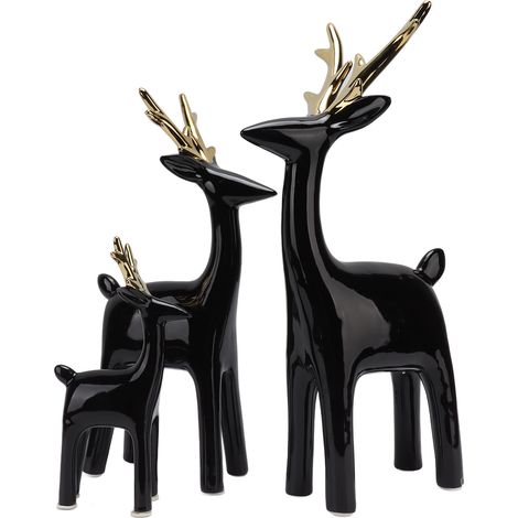 Lot de 3 ornements de cerf décoratifs en céramique brillante, ronds, à poser sur une table. Couleurs : noir et doré. (1/5)