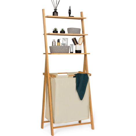 Idmarket – Panier à linge double compartiment en bambou – 2 bacs en tissu écru – 3 étagères pour rangement – Dimensions 57x35x152 cm (1/5)