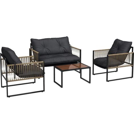 Ensemble de jardin en rotin 4 pièces comprenant un canapé, deux fauteuils et une table basse, gris et marron (1/5)