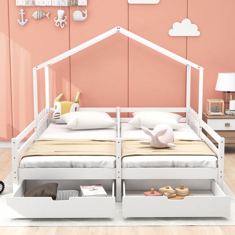 Lit double enfant 208x188.5x158 cm blanc en pin et MDF avec toit, barrières et 2 tiroirs (1/5)