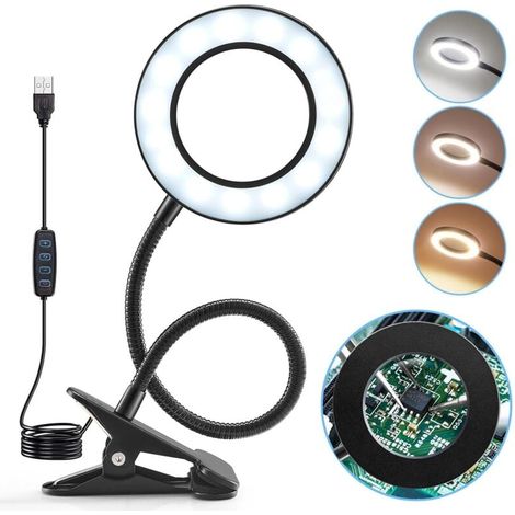 5-fache Vergrößerungslampe, 360° flexible Leselupe, 3-farbige LED-Schreibtischlampe mit 10 Helligkeitsstufen, verstellbare USB-Klemm-Schreibtischlampe, tragbare Lupe und (1/4)
