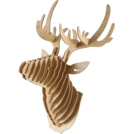 3D Bois Sculpture de Tete de Cerf Decoration Murale et Crochet Porte Collier Chapeau Cle - Beige (1/4)