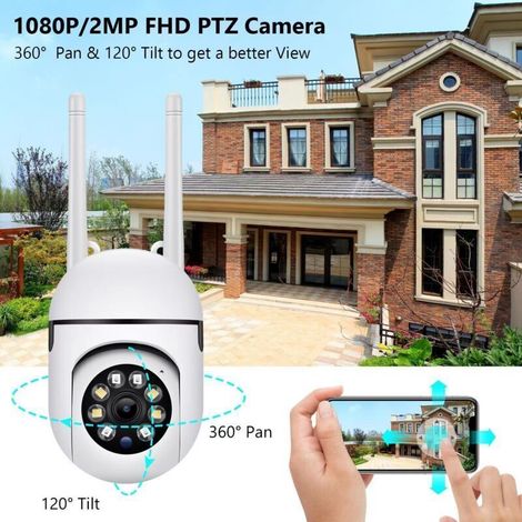 2MP Camera Surveillance WiFi Extérieure PTZ, Caméra IP 360° sans Fil Étanche, Vision Nocturne en Couleur, Audio Bidirectionnel, Alerte instantanée (1p, Blanc) (1/5)