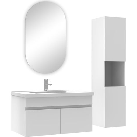 Ocean ensemble Salle de Bain avec colonne et miroir ovale 80cm meuble blanc