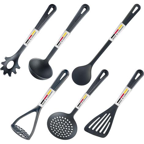 Kitchen Utensils Set, Spatula, Stirring Spoon, Skimmer, Spaghetti Spoon, Soup Ladle, Potato Masher, Plastic, Black, 283522E6 (1/5)
