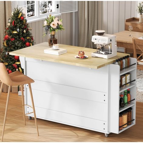 Meuble rangement mobile cuisine 138 cm MDF naturel blanc OKMYHOME (1/5)