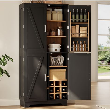 Hoher Buffetschrank 80 x 40 x 180 cm aus schwarzem MDF mit Weinregal – MEUBLIV (1/5)