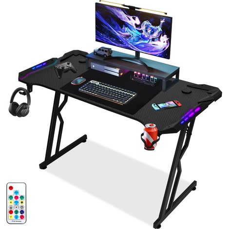 Randaco Gaming Schreibtisch aus Stahl + MDF, Z-förmiger Schreibtisch 120x60cm Gamingtisch mit Mauspad, Getränkehalter und Kopfhörerhaken - met LED+Fernbedienung