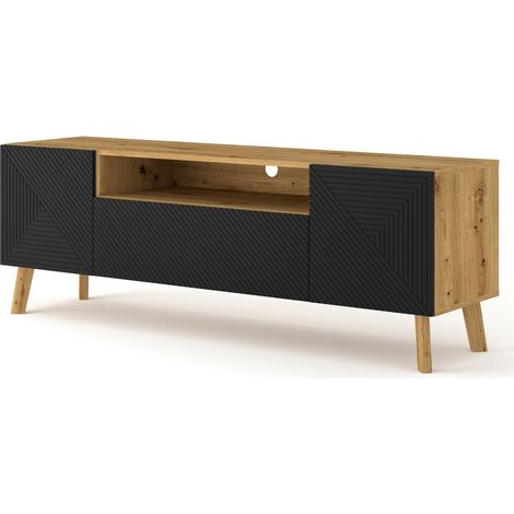 Meuble TV Noir mat fraisé/chêne artisan 160 cm LUXI meuble Hi-fi sideboeard commode sur pied (1/5)