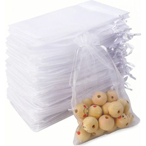 Lot de 100 sachets organza 10 x 15 cm – Pochette cadeau blanche avec cordon de serrage – Sacs à bonbons, bijoux et fleurs – Protection fruits (1/5)