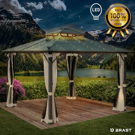 BRAST Pavillon Aluminium Pagode 3,5x3,5m Beige inkl. Moskitonetz + LED festes Dach wasserdicht stabil UV-Schutz (1/5)